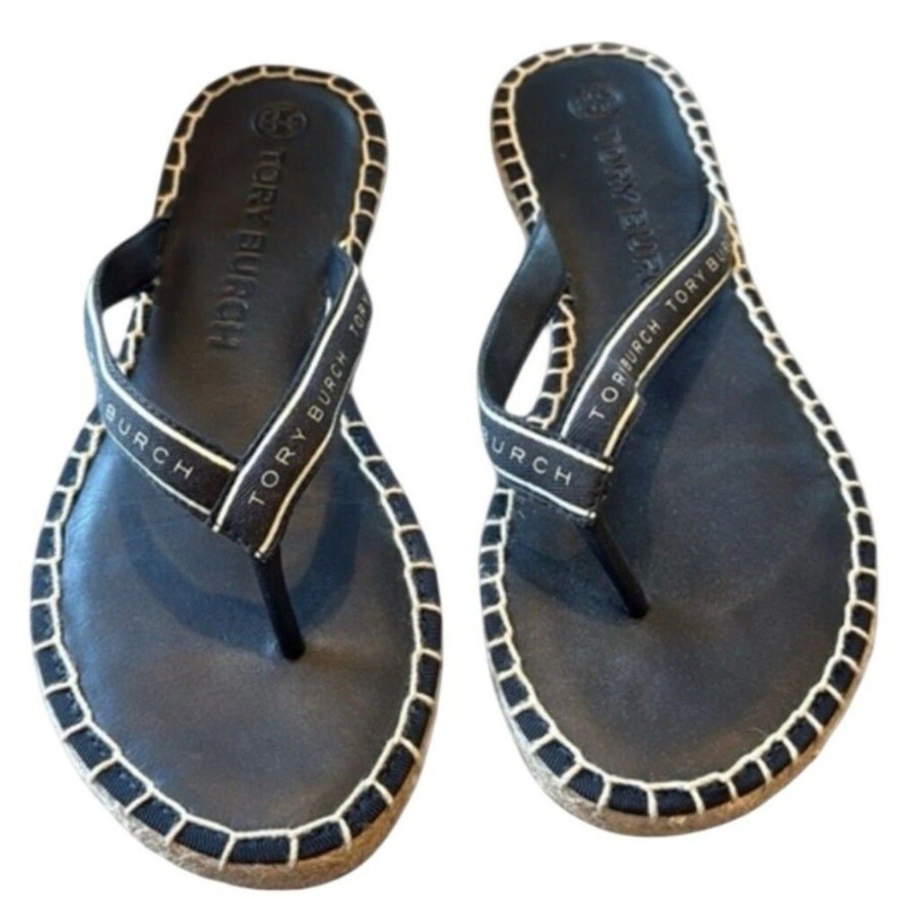 Tory Burch Flat Espadrille Sandals Womenโs 11 Black White Logo Strap BNIB